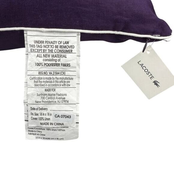 NWT LACOSTE Miami 100% Linen Decorative Pillow 18" x 18" In Purple Gothic Grape - Picture 4 of 6